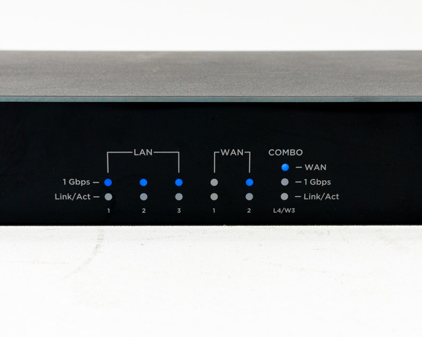 Araknis AN-310-RT-4L2W front panel LED detail showing LAN 1-3, WAN 1-2, and COMBO port status indicators