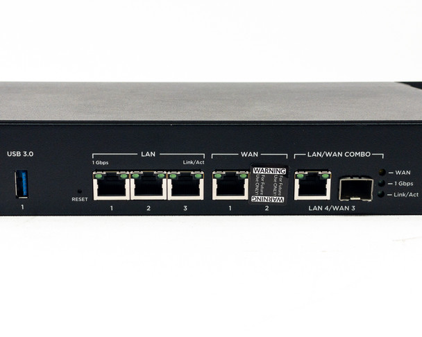 Araknis AN-310-RT-4L2W rear panel port detail showing LAN 1-3, WAN 1-2, LAN4/WAN3 combo port, reset button, and USB 3.0