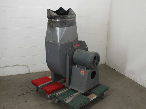 Cincinnati Fan HDBI-150 centrifugal blower right-rear view showing Baldor 10HP motor on right side and inlet transition ductwork on top, unit on green and red wheeled dolly