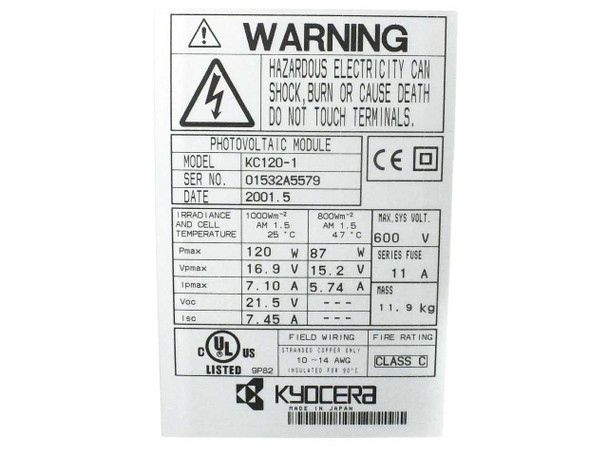 Kyocera KC120-1 rating plate – model KC120-1, SN 01532A5579, date 2001.5, 120W 16.9V 7.1A 21.5Voc 7.45A Isc