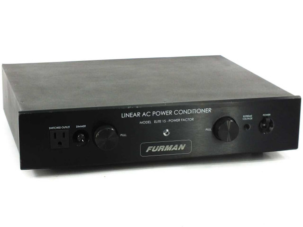 Furman ELITE-15 PF Linear AC Power Conditioner — front panel view showing Furman logo, model label, switched outlet, dimmer knob, and power switch