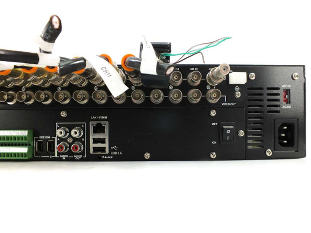Speco DVR-16TN/300 – rear panel right-side close-up showing BNC video outputs, power switch, IEC AC inlet, and fuse holder