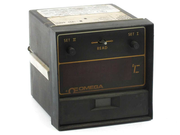 Omega 4002-JC-F temperature controller front panel — SET II and SET I knobs, READ selector switch, digital display showing °C, Omega logo