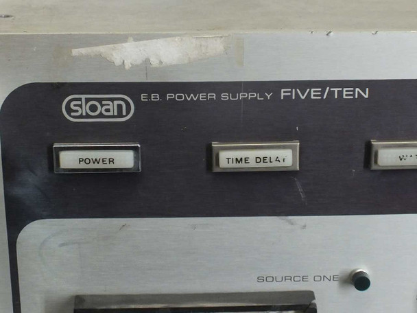 Sloan E.B. Power Supply FIVE/TEN front panel label close-up showing Power and Time Delay pushbuttons