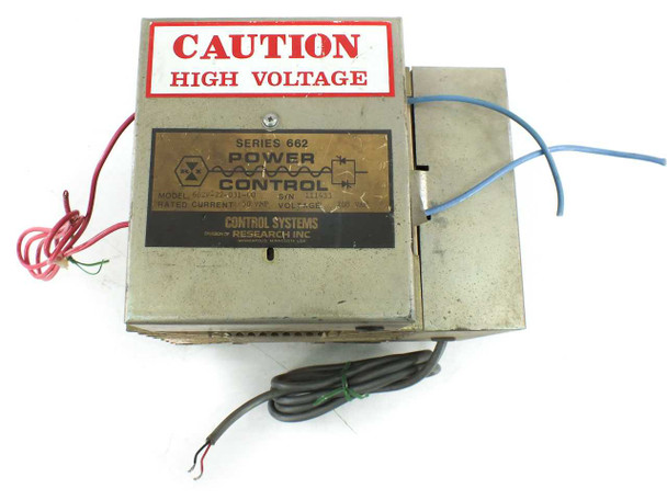 Control Systems Research 662F-22-031-00 Series 662 Power Control front nameplate view showing Series 662 Power Control label, model number, Control Systems Research Inc. branding, and Caution High Voltage warning