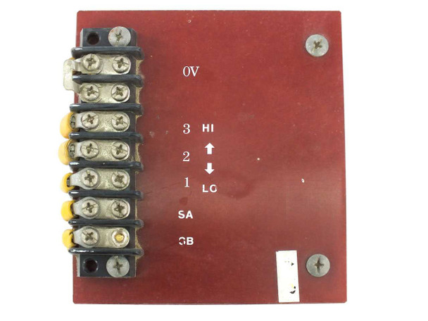Close-up of red PCB multi-tap terminal board showing screw terminals labeled 0V, 1, 2, 3 HI/LO, SA, and GB with yellow wire insulation sleeves