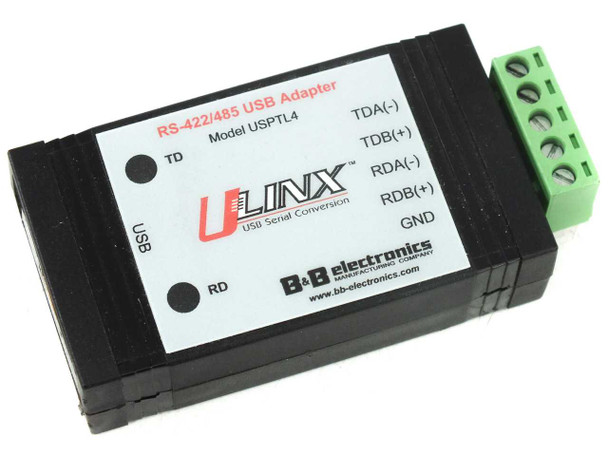B&B Electronics USPTL4 U-LINX RS-422/485 USB adapter — front panel view showing TD/RD indicators and terminal block