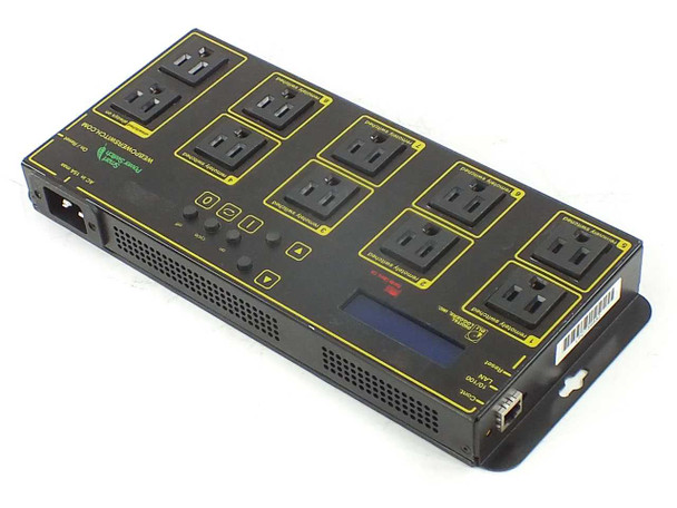 Digital Loggers Web Power Switch Pro — rear/top three-quarter view showing outlet array, LCD display, RJ-45 Ethernet port, and IEC C14 power inlet on end panel