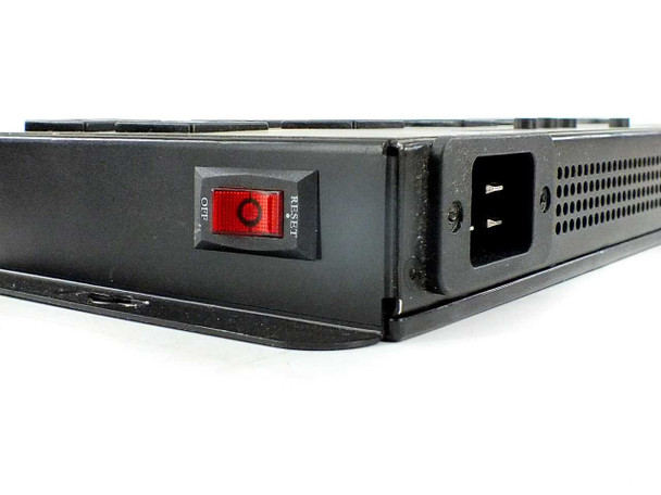 Digital Loggers Web Power Switch Pro — right end panel showing red rocker ON/RESET switch and IEC C14 power inlet with ventilation slots