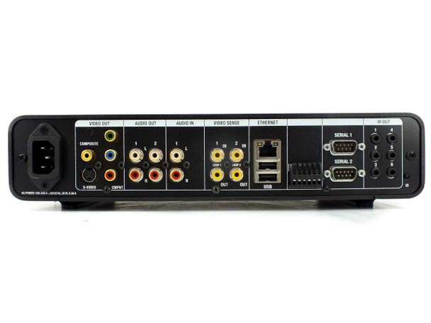 Control4 HC-300 rear panel close-up showing AC power inlet, video outputs, audio I/O, Video Sense, Ethernet, USB ports, and IR out connections