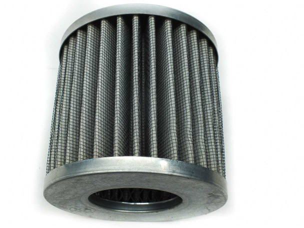 Solberg replacement element #849 – removed filter element showing pleated stainless mesh outer wrap and open center core