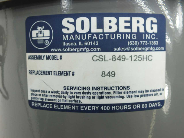 Solberg CSL-849-125HC label closeup – showing assembly model number CSL-849-125HC, replacement element #849, and servicing instructions