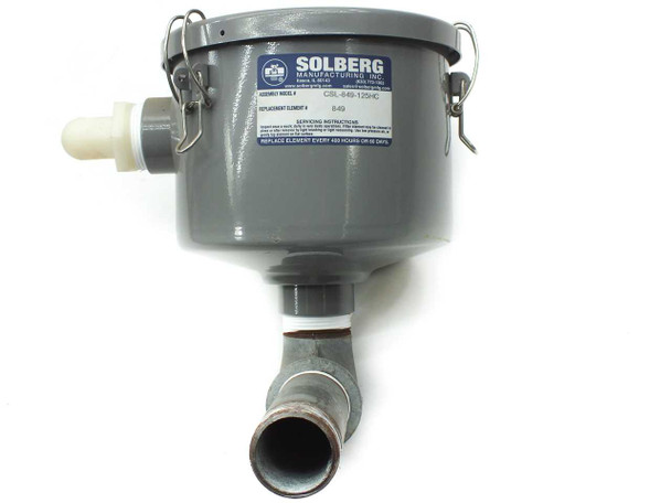 Solberg CSL-849-125HC vacuum pump inlet filter housing – front view showing Solberg label, bail latches, white drain plug, and 1.25" NPT elbow inlet port