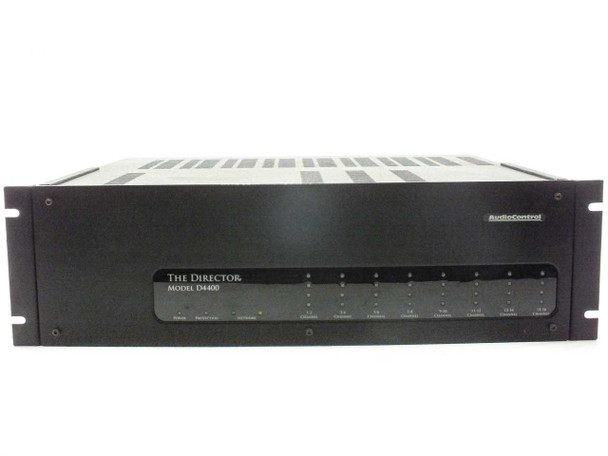 AudioControl D4400 Director front panel — angled view showing full 3U rackmount chassis, LED channel indicators, and AudioControl branding on faceplate