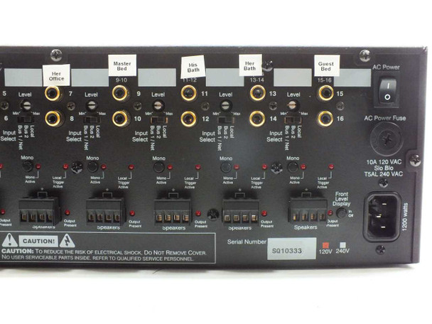 AudioControl D4400 Director rear panel detail — right half showing zones 5-16 inputs, AC power section with fuse holder (10A 120VAC / T5AL 240VAC), Front Level Display power switch, serial number label SQ10333, and 120V/240V selector