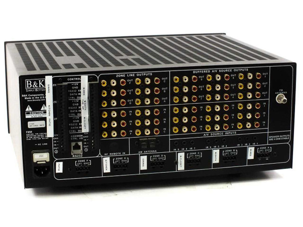 B&K Components CT600 — full rear panel showing zone line outputs, buffered A/V source outputs, A/V source inputs, RS-232 port, AM/FM antenna, and speaker output connectors