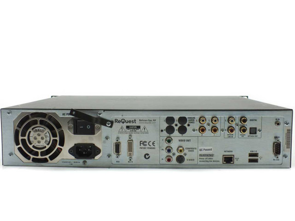 ReQuest F2 Media Server – full rear panel view showing power supply, DVI, VGA, component video, composite, S-Video, audio zone outputs, network, USB 2.0, and RS-232 ports
