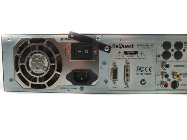 ReQuest F2 Media Server – rear panel close-up of AC power section with power switch, IEC inlet, and voltage label
