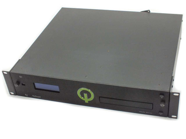 ReQuest F2 Media Server – front panel angled view showing LCD display, CD/DVD drive slot, and ReQuest logo