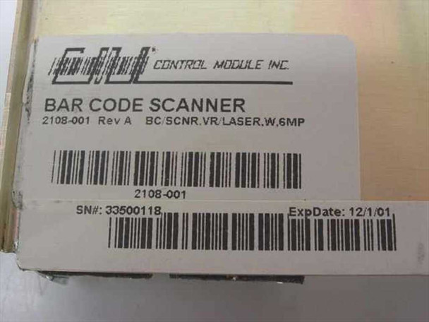 Control Module Inc 2108-001 label — product label showing model 2108-001 Rev A, BC/SCNR.VR/LASER.W.6MP, barcode, and expiration date 12/1/01