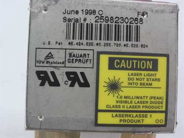 Control Module Inc 2108-001 scanner — side label showing June 1998 manufacture date, serial number, U.S. patent numbers, TÜV/UL certifications, and Class II 1.0mW laser caution warning