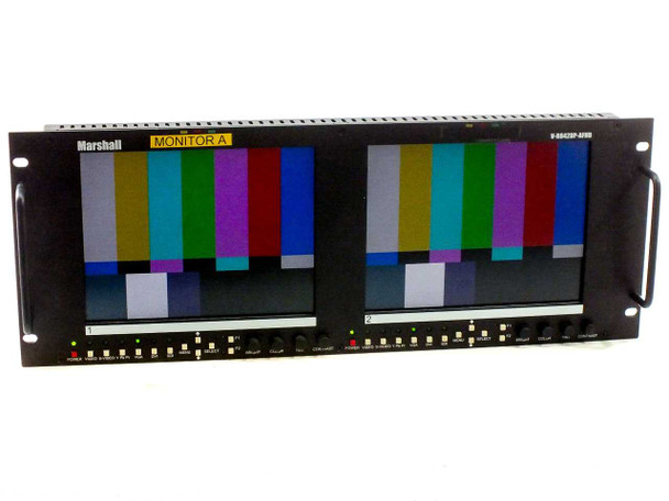 Marshall V-R842DP-AFHD dual 8.4in rackmount broadcast monitor — front view showing both screens active with color bars test signal