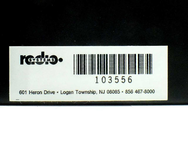 Radio Systems CT-2002 studio timer manufacturer label showing brand logo, serial number 103556, and Logan Township NJ address