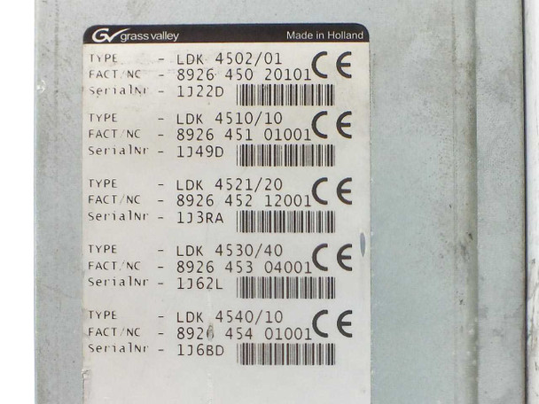 Grass Valley LDK 4502 label plate showing five installed modules: LDK 4502/01, LDK 4510/10, LDK 4521/20, LDK 4530/40, LDK 4540/10 with factory numbers and serial numbers
