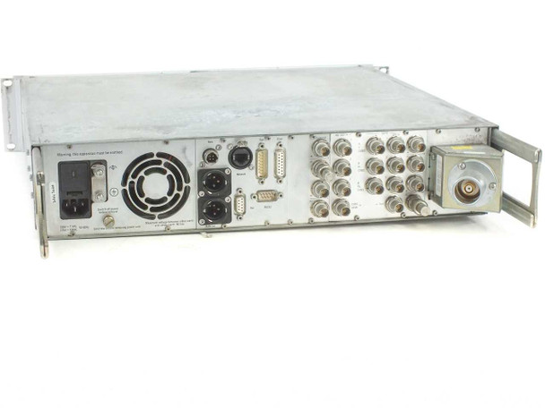 Grass Valley LDK 4502 HDTV Camera Base Station – rear panel showing AC inlet, fan, XLR connectors, DVI, DB9, and multiple BNC outputs plus Triax Trilock port