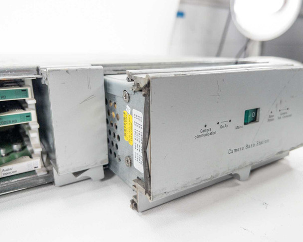 Grass Valley LDK 4502 Camera Base Station – side view with module bay open showing power section and front panel Camera communication, On-Air, and Mains indicators