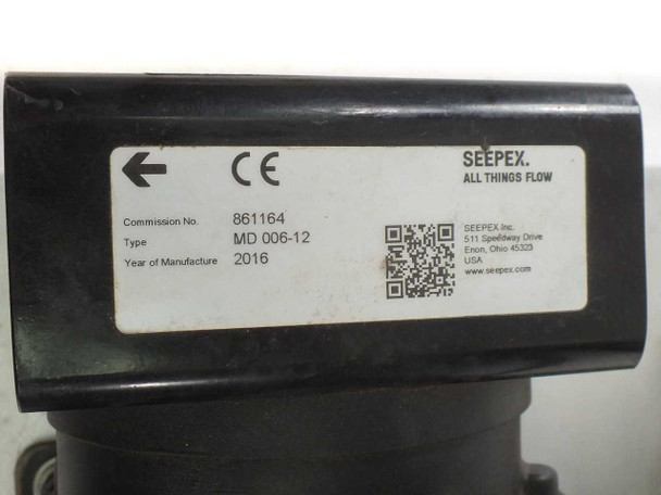 Seepex pump label showing Type MD 006-12, Commission No. 861164, Year of Manufacture 2016, Seepex Inc. Enon Ohio USA