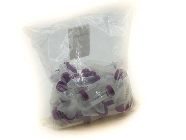 VWR 89004-364 50mL centrifuge tubes — bulk bag rear view showing full contents of 50 purple-capped polypropylene tubes