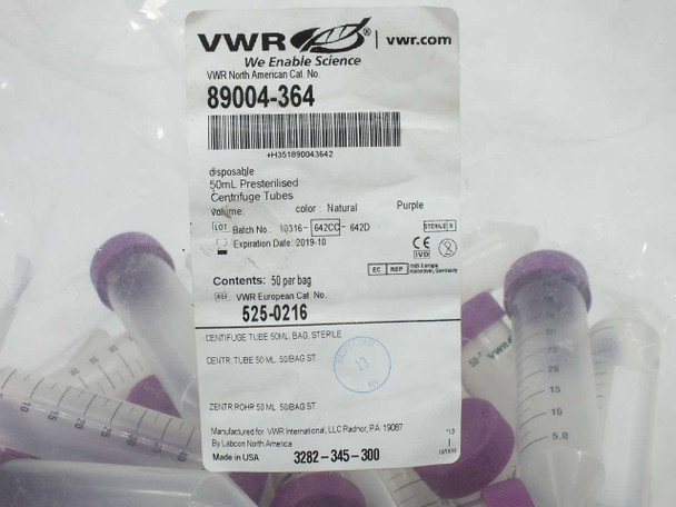 VWR 89004-364 centrifuge tubes — close-up of bag label showing catalog number, lot number, expiration date 2019, contents 50 per bag, and VWR European cat no. 525-0216