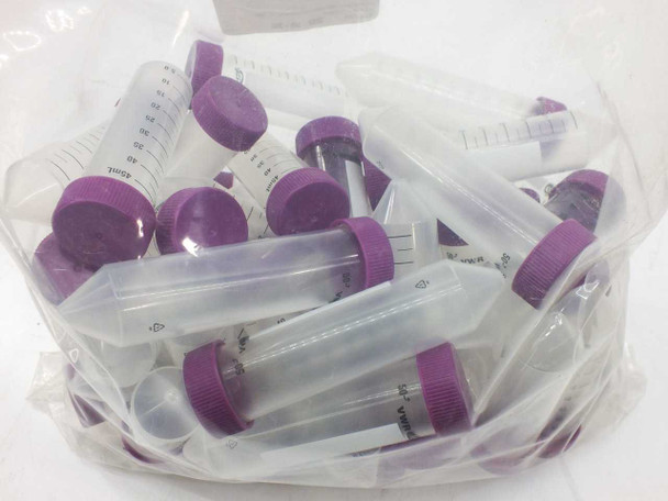 VWR 89004-364 50mL centrifuge tubes — close-up of individual tubes showing purple HDPE screw caps and black graduation markings on translucent polypropylene body