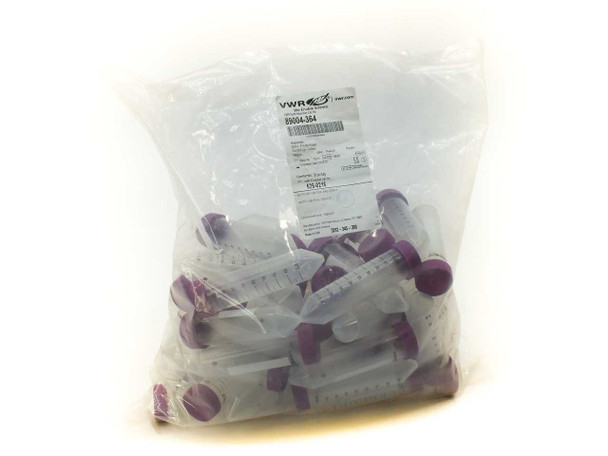 VWR 89004-364 50mL presterilized centrifuge tubes — sealed bulk bag front view showing VWR label and purple-capped tubes inside