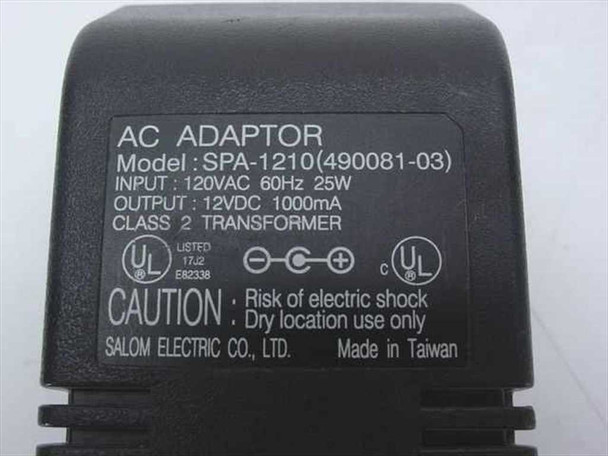 Salom Electric SPA-1210 rating label showing Model SPA-1210 (490081-03), 120VAC 60Hz 25W input, 12VDC 1000mA output, Class 2 Transformer, UL listed, Made in Taiwan