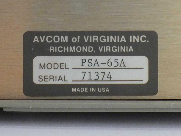 AVCOM of Virginia Inc. model label close-up showing Model PSA-65A, Serial 71374, Made in USA, Richmond Virginia