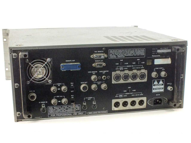 Panasonic AG-7750 rear panel showing Remote D24F connector, TBC Remote port, S-Video inputs/outputs, BNC video connectors, XLR audio connectors, and IEC power inlet