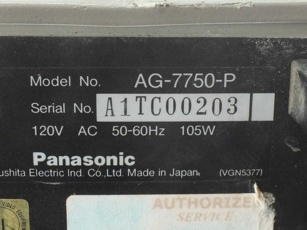 Panasonic AG-7750-P rating label showing Model No. AG-7750-P, 120V AC, 50-60Hz, 105W, Made in Japan by Matsushita Electric