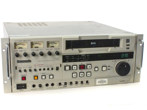 Panasonic AG-7750 S-VHS professional editor VCR front panel view showing VU meters, TBC controls, jog/shuttle wheel, transport buttons, and digital time code display