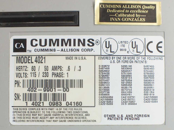 Cummins Allison JetCount 4021 rating label showing Model 4021, PN 402-9901-00, 115/230V, UL and CE marks