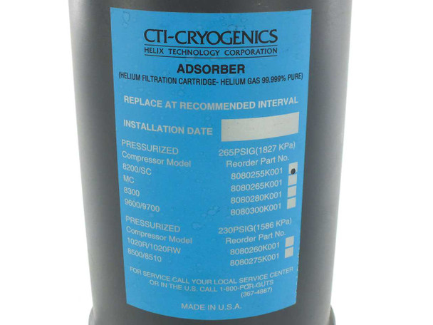 CTI Cryogenics 8080255K001 Adsorber label showing compressor model compatibility (8200/9C, MC, 8300, 9600/9700), 265 PSIG pressure rating, and reorder part numbers