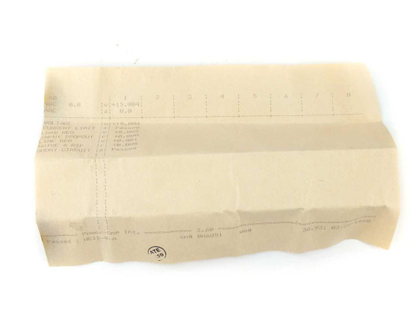 Partial Power-One spec sheet showing moisture damage — paper yellowed, wrinkled, and partially translucent from water exposure