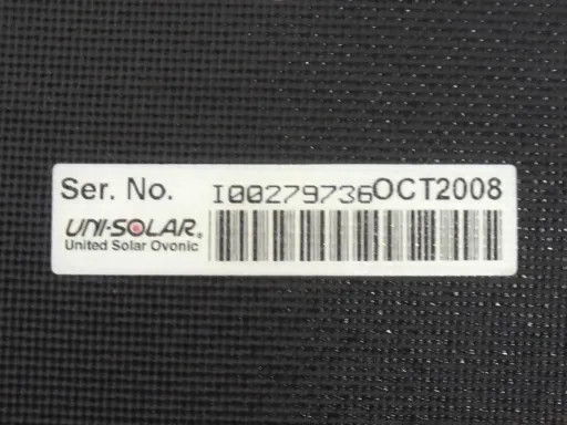Uni-Solar PVL-136 serial number label reading I00279736 OCT2008 and United Solar Ovonic brand logo