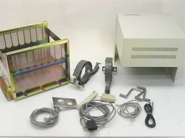 Premier 1224/2460 PBX system lot — chassis, expansion card cage with card slots, wiring harness, mounting brackets, and cables