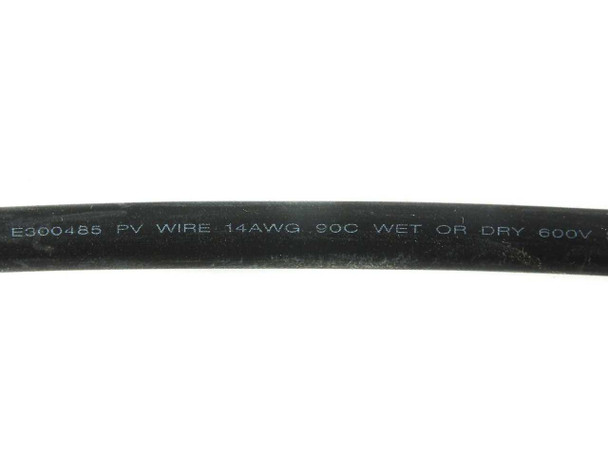 Cable jacket close-up showing printed marking: E300485 PV WIRE 14AWG 90C WET OR DRY 600V