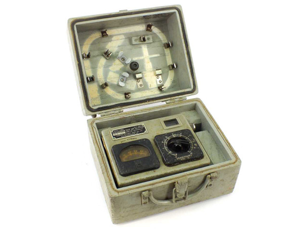 US Army Signal Corps TS-117/GP Wavemeter Test Set open in wood carrying case showing meter and sensitivity dial