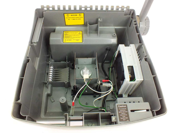 Apollo Horizon 2 V16000 overhead projector – interior view with top cover removed, showing bulb, lamp socket assembly, wiring, and ballast module