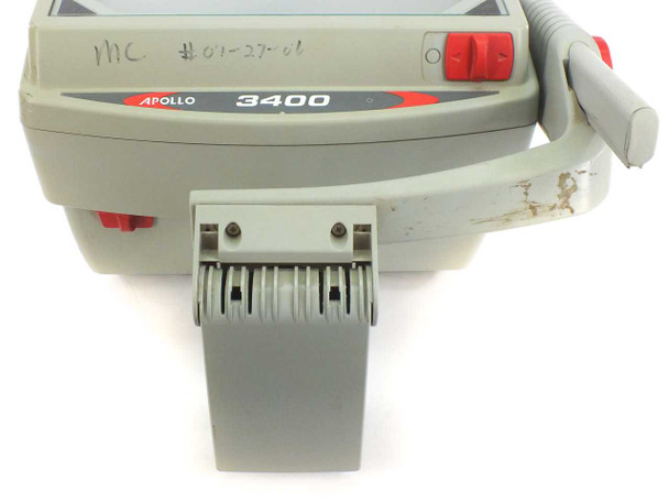 Apollo 3400 projector — close-up of front control panel showing Apollo 3400 nameplate, red on/off switches, focus arm socket, and transparency film roller/scroll stage attachment