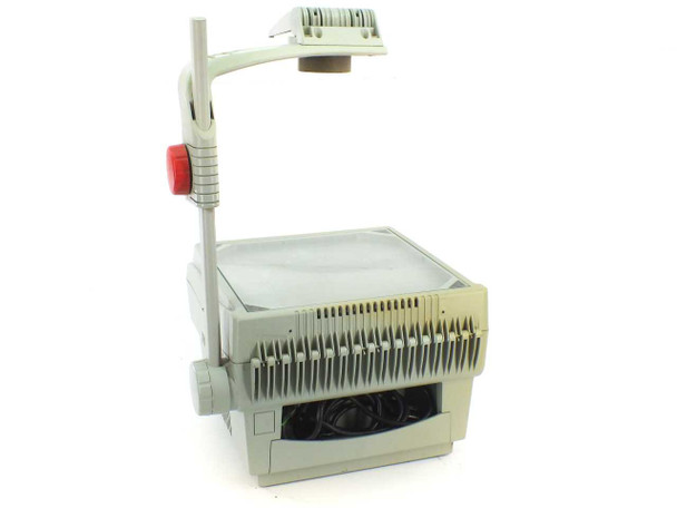 Apollo 3400 overhead transparency projector — rear three-quarter view showing cooling vents along base sides, dual cooling fans, and folding head arm with red focus knob